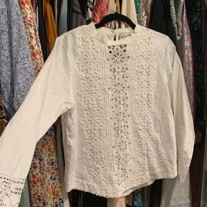 SEA NY white cotton/ linen embroidered top